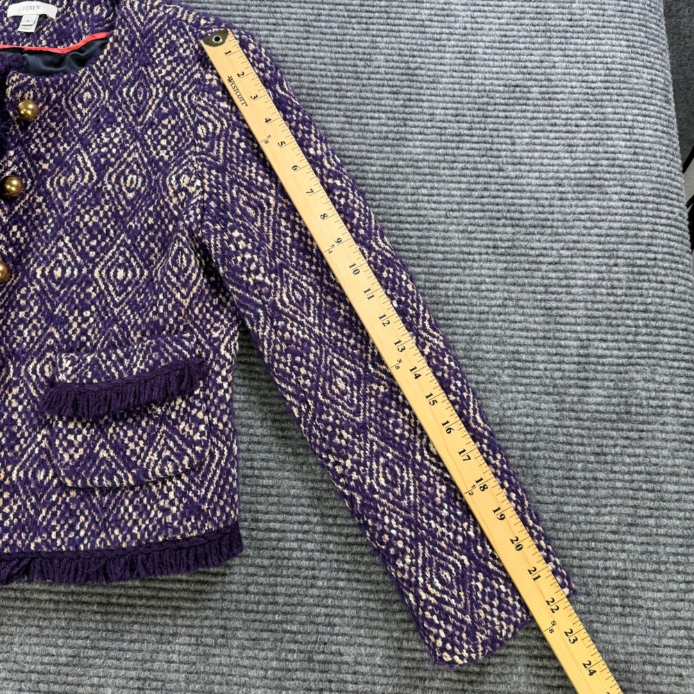 J.Crew Purple‎ Diamond Tweed Jacket Womens 6 Gold Button Fringe Trim Wool Blend - Picture 12 of 13